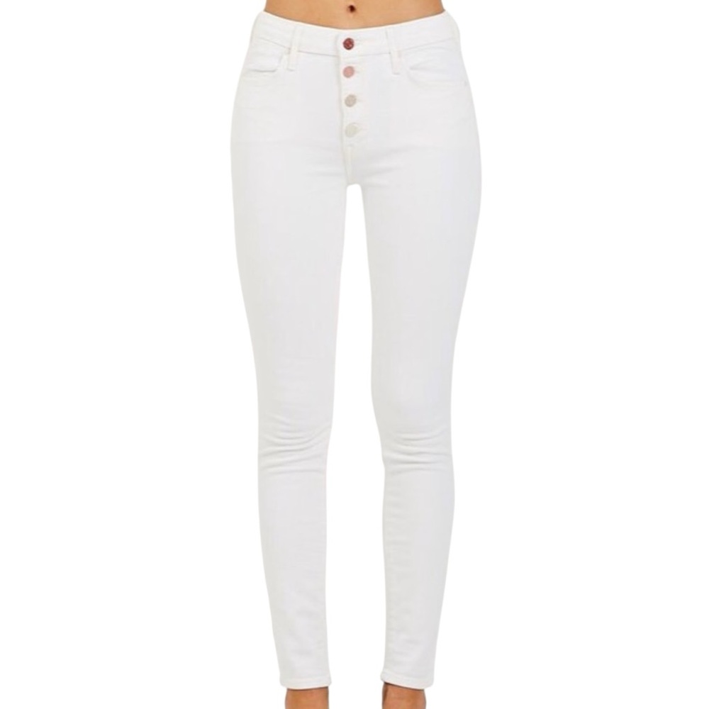 MOTHER Rainbow Button White High Rise Jeans with Slim Silhouette